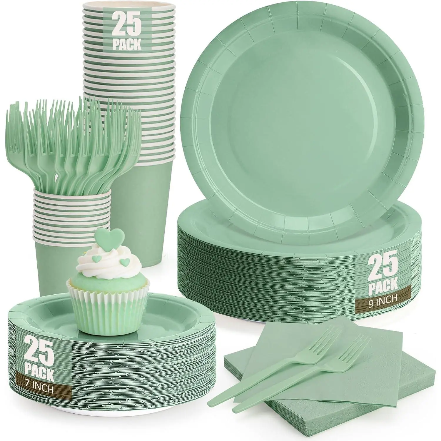 Sage Green Plates and Napkins Party Supplies, Include 9’’ Disposable Paper Plates, 7’’ Dessert Plate and Cups Napkins Forks Party Decorations for  Shower, Birthday, Wedding, Serves for 25