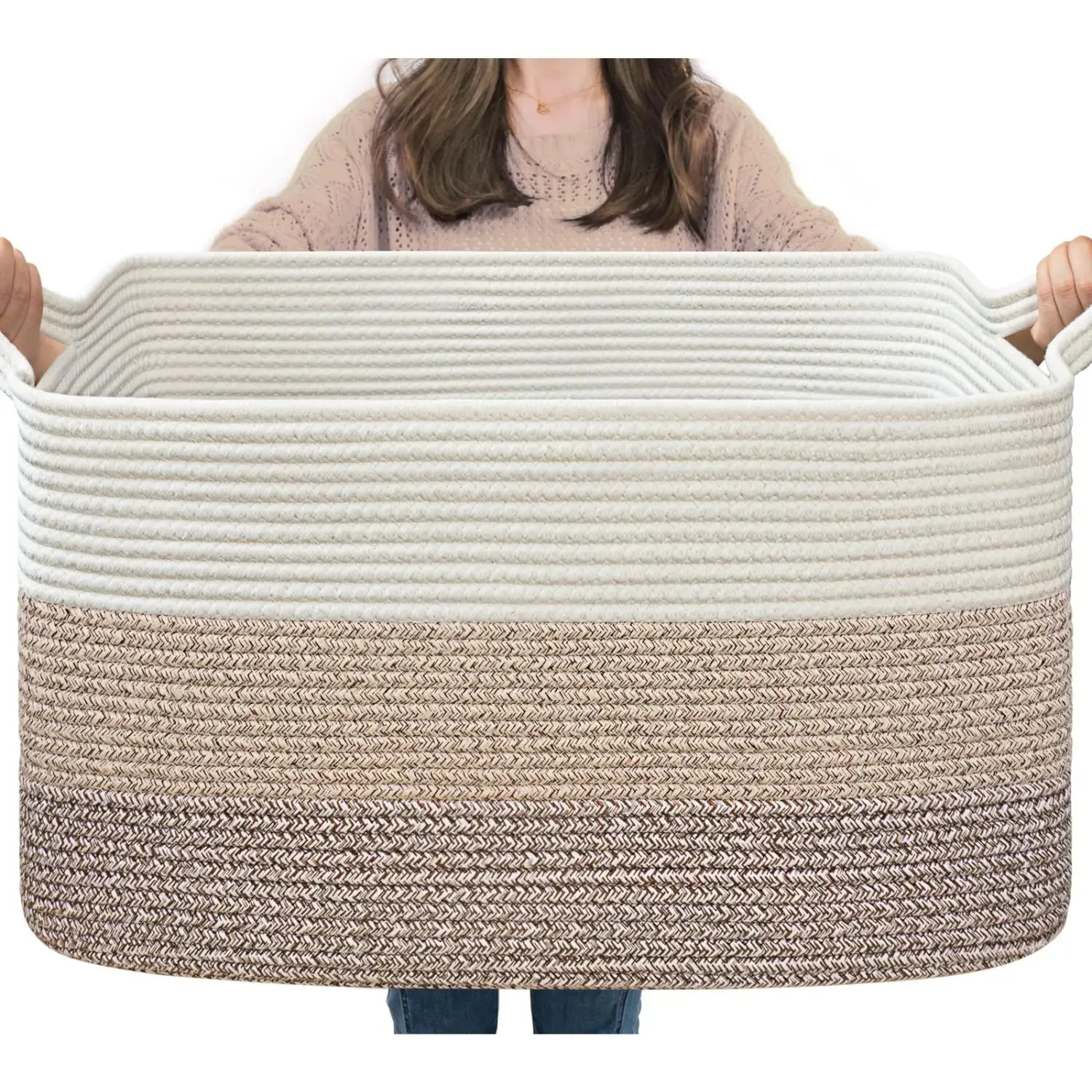 Woven Cotton Rope Storage Basket - Collapsible Rectangle Laundry Organizer for Living Room Clothes, Room Organization Product, Woven Storage Basket-L