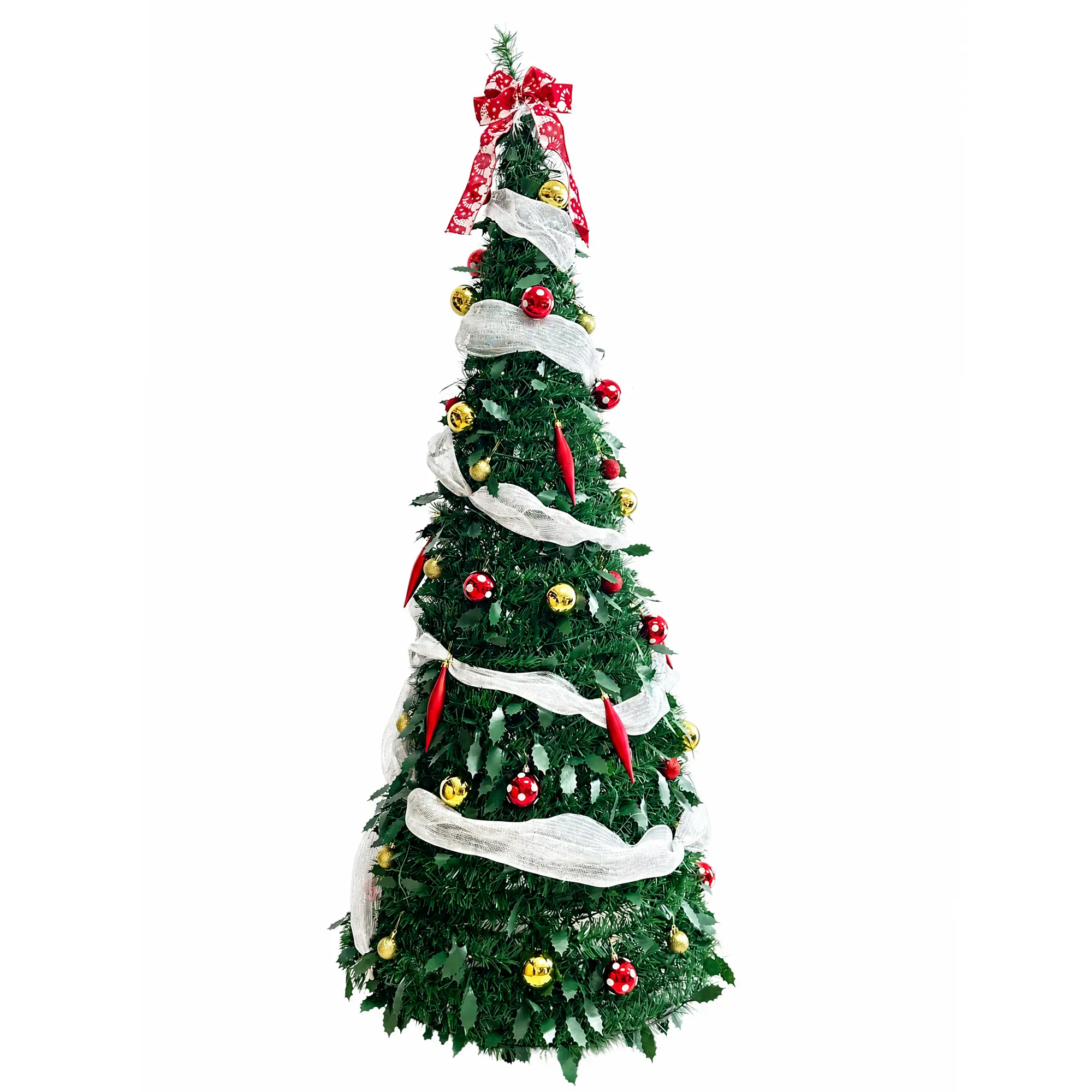 L. 6FT Pop-Up Foldable Slim Christmas Tree with Ball Ornaments