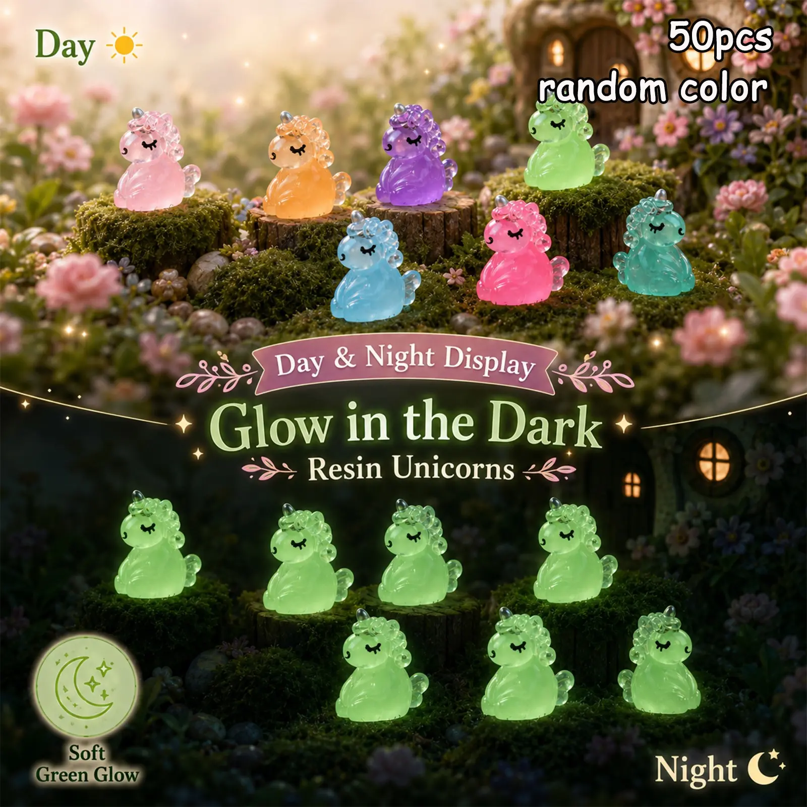 50pcs Resin Night Glow Unicorn Desktop Decorations, Cute Mini Silver Color Horn Unicorns, Garden Micro Landscape, Party Gifts, Magical