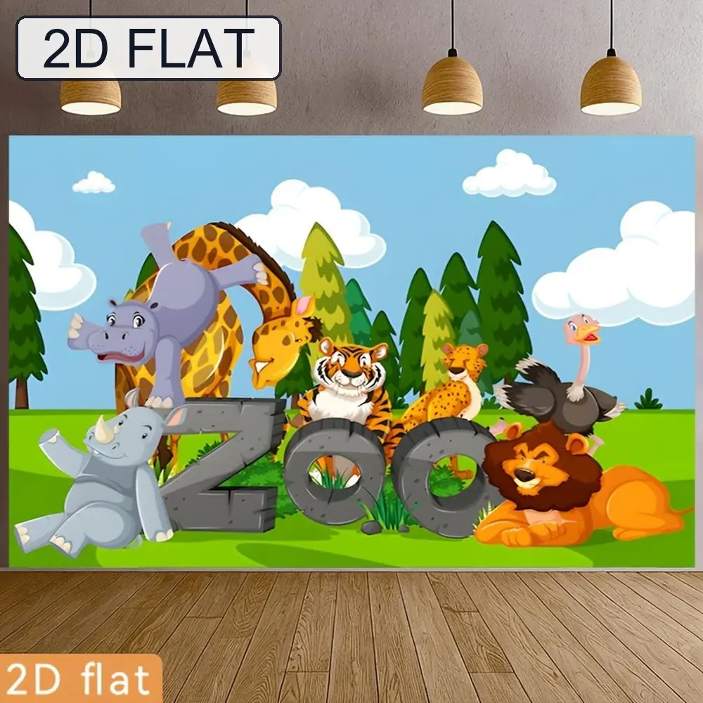 2D Flat, Party Banners 2D Flat Banner, 1pc Polyester Backdrop Zoo Animals Wild Nature Background, for Party Decor Farm, Club, Home, Room, Garden, No Electricity, Easy to Hang Gift for Fourth of July, 2D Flat