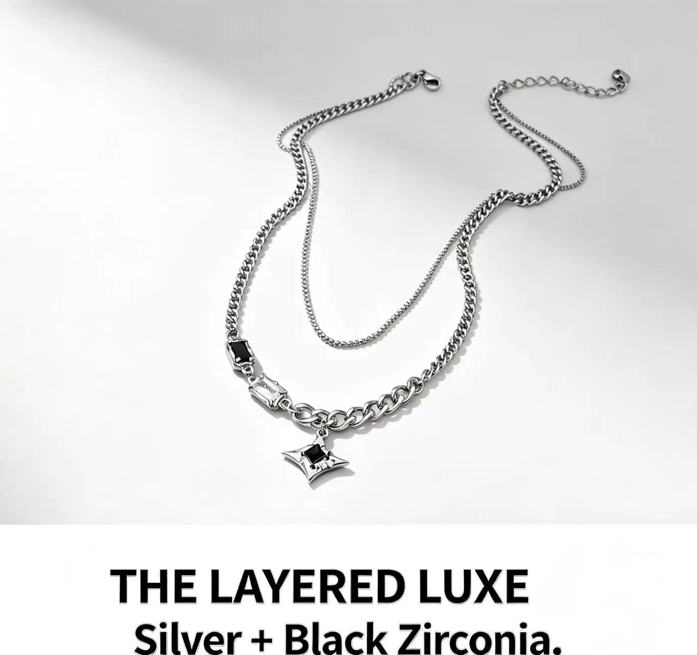 Layered Silver Star Necklace - Trendy Hip-Hop Double Chain with Black Zircon Pendant, Unisex Streetwear Jewelry.