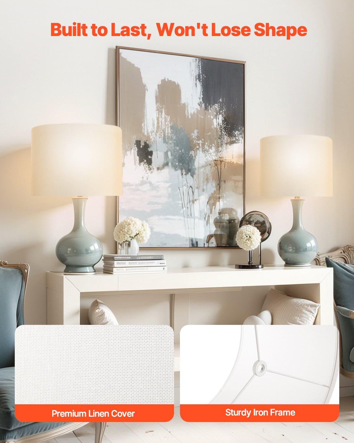 VEVOR Drum Lamp Shade 2 Set, 16 in Top x 16 in Bottom x 12 in High, Large Lampshade with Harp, Replacement Lamp Shade for Table Lamps Floor Lamps Pendant Lights, Easy Assembly Required (Off-white)