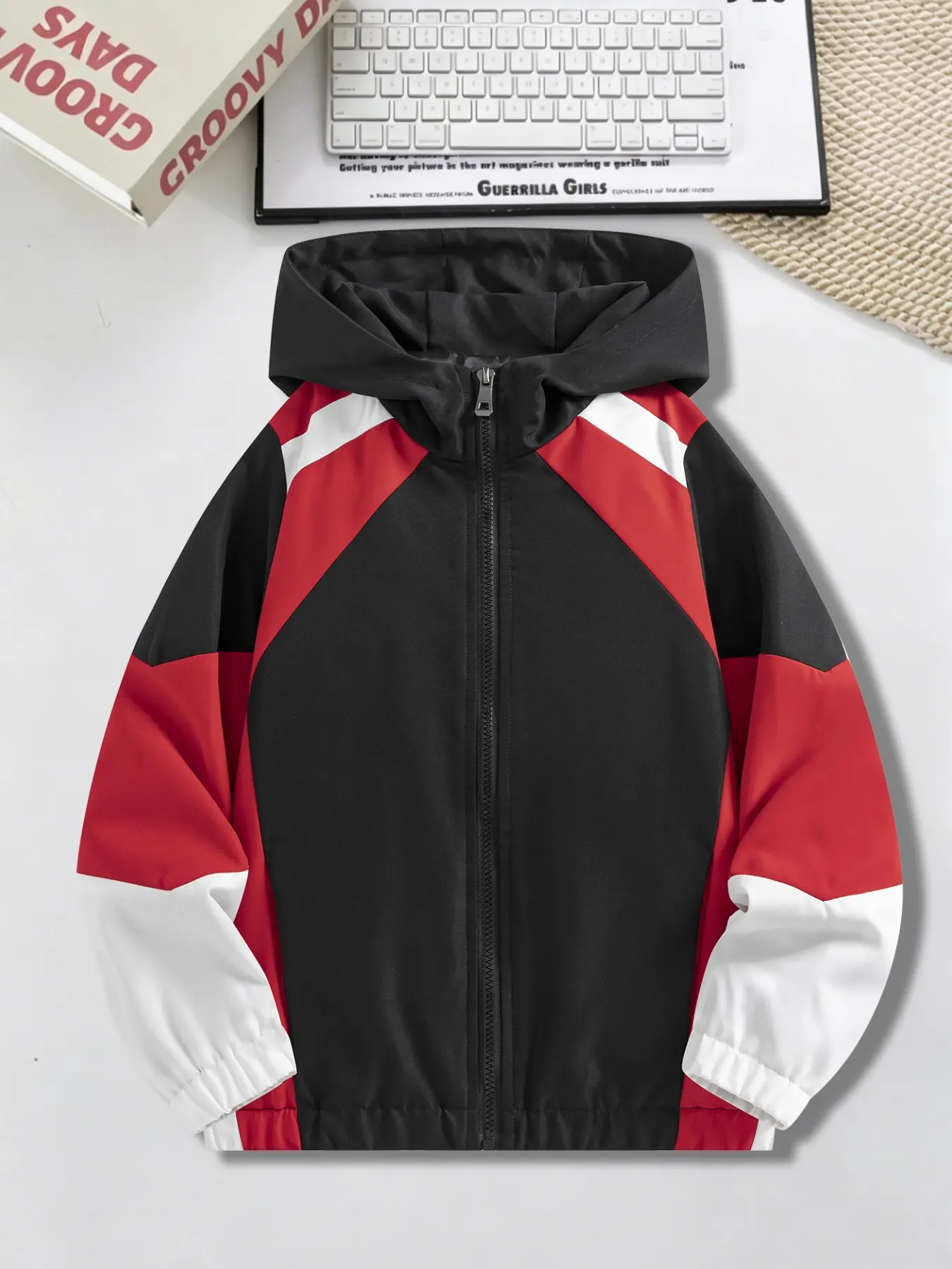 Boys' Spring & Fall Colorblock Hooded Jacket, Geometric Patchwork Design, Side Pockets, School, Outdoor, Light Sports