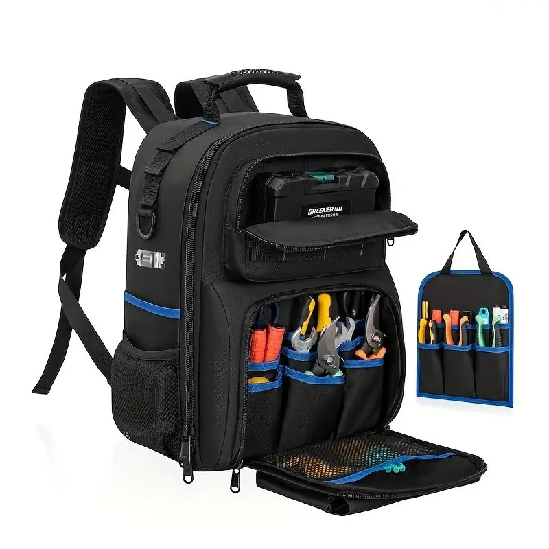 Tool Backpack, Thick Shoulder Straps, Detachable Tool Pockets, Waterproof Work Bag, Ideal for Electricians, Water Resistant Backpack