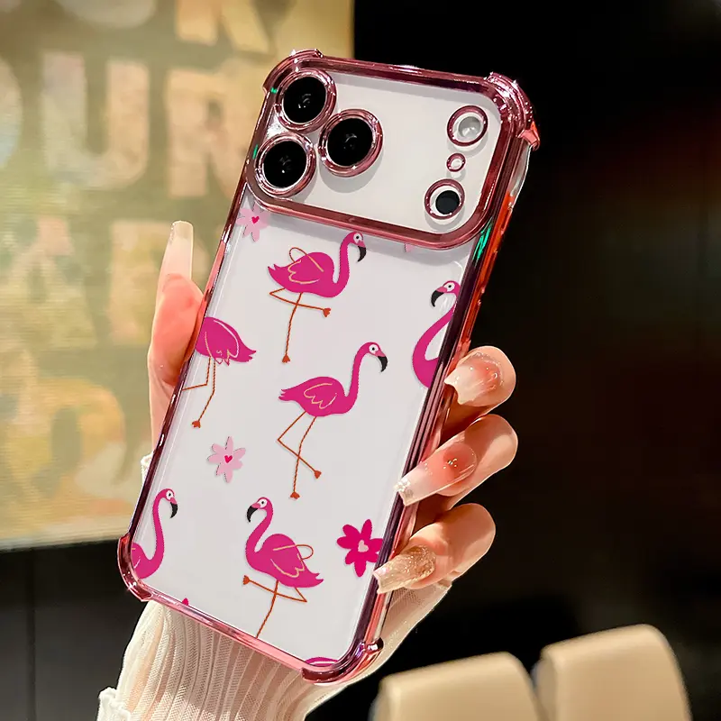 Flamingo Floral Fantasy Pattern Phone Case Compatible with iPhone 17 Pro Max 16 15 Plus Air 14 13 12 11 E Four Corner Drop Shockproof Resistant Electroplated Transparent TPU Soft Trendy Cover