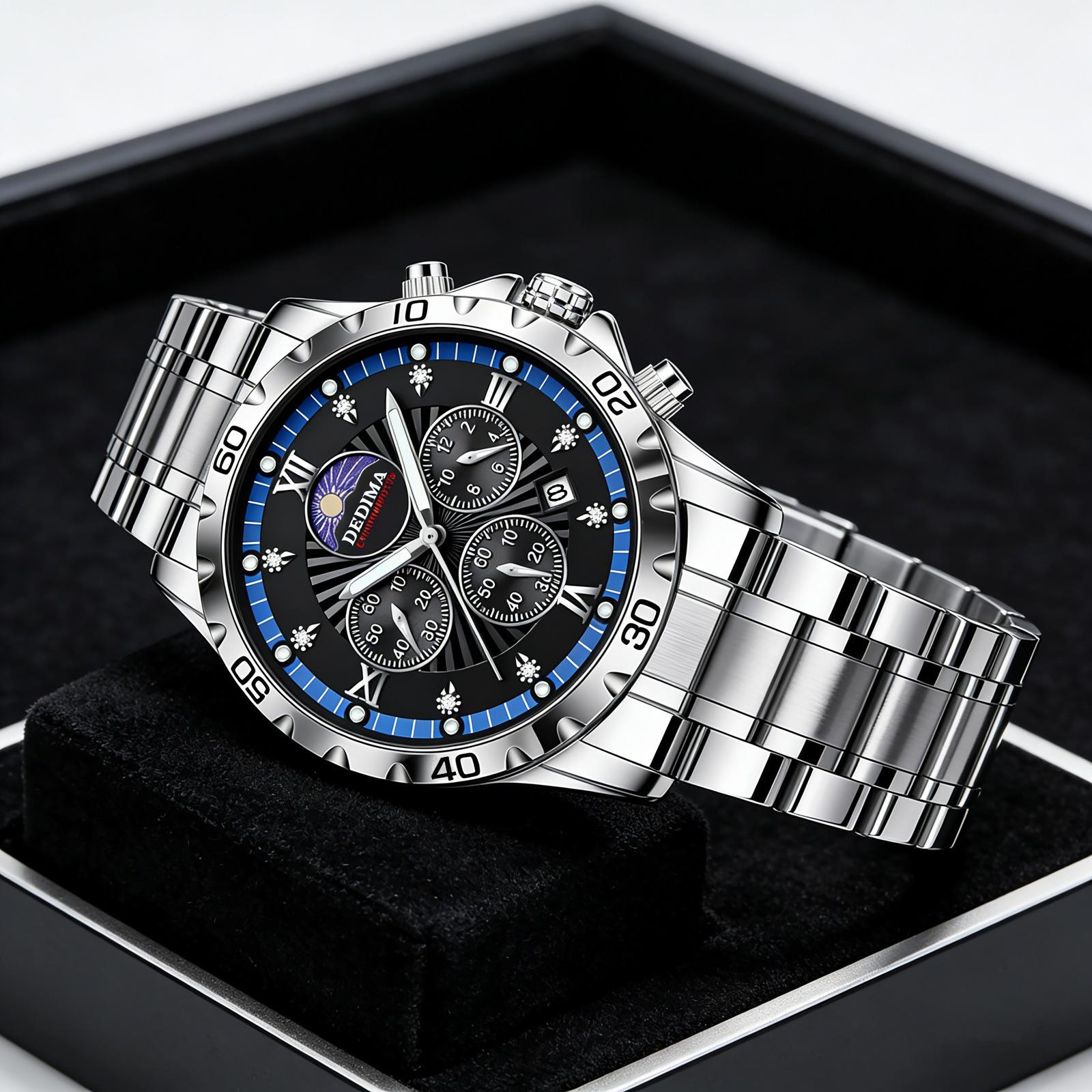 Men's Quartz Watch PE903 Movement 42mm Dial Luminous Display Calendar Moon Phase 30M Waterproof Stainless Steel Strap Business Style Hot-Selling Item