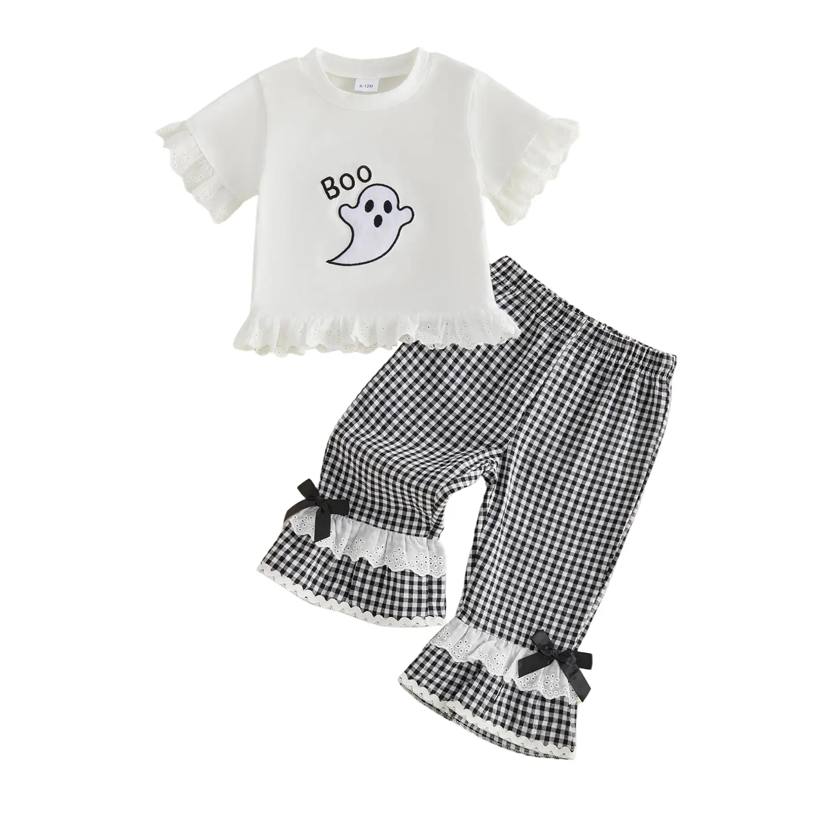 Canrulo Toddler Baby Little Girls Halloween Outfit Short Sleeve Ghost/Pumpkin Embroidery Tops and Plaid Flared Pants Set 6M-4T