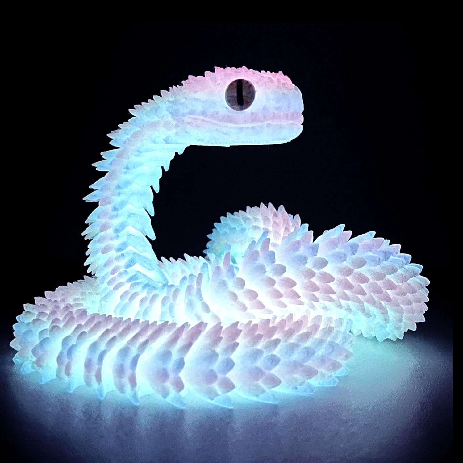 We recommend a cute 60CM long articulated and realistic eye, [PLA high-quality 3D printed] Viper model with gradient crystal glow-in-the-dark rainbow color. This flexible 3D printed animal is a creative and interesting holiday gift for friends and also a