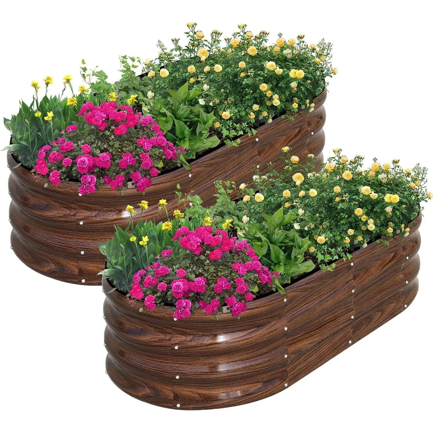 Galvanized Raised Garden Bed Outdoor, 2 Pcs 4x2x1ft Oval Metal Planter Box for Planting Plants Vegetables, Brown