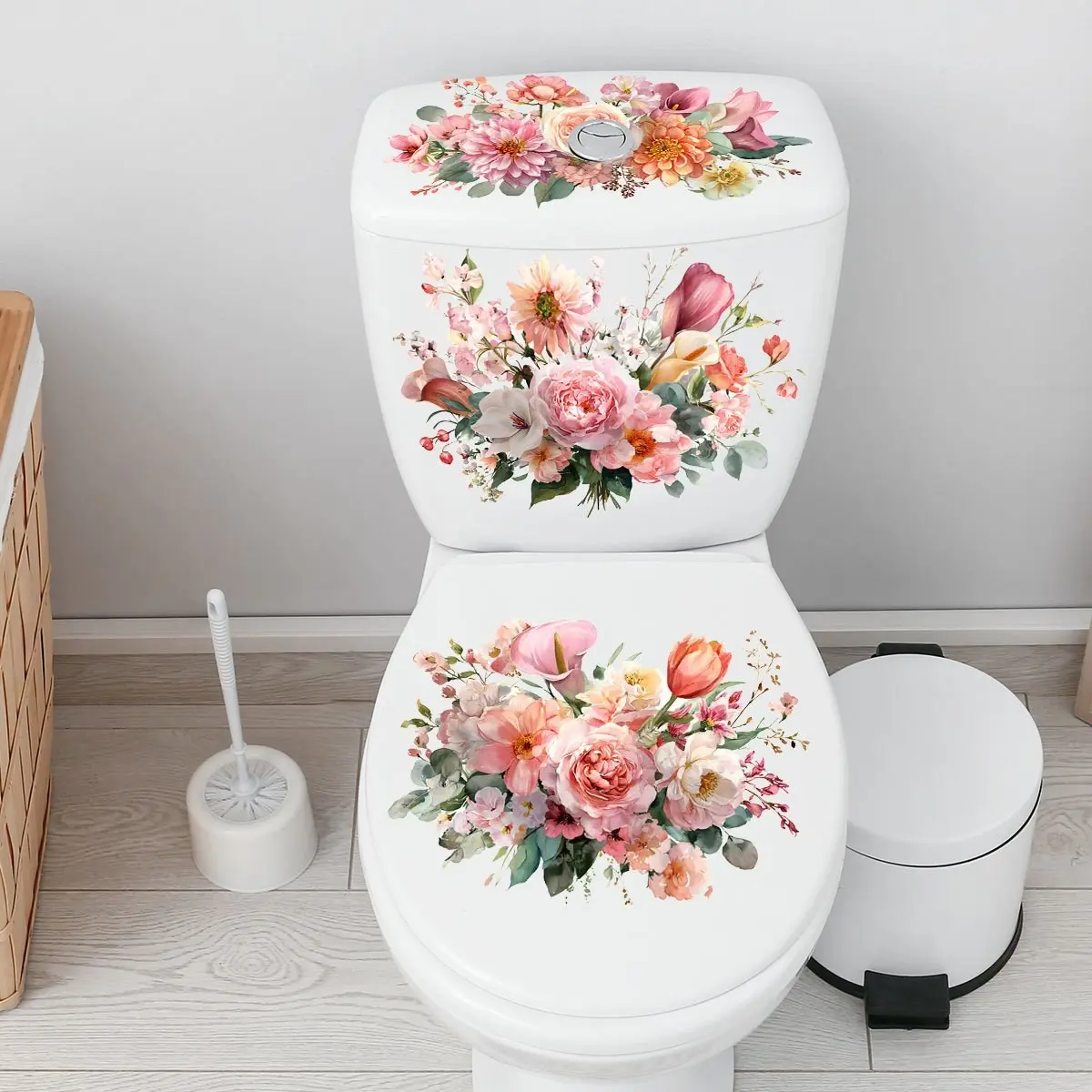 2D Floral Toilet Stickers, Colorful Flat Design, Free Assembly, Bathroom & Living Room Decor, Home Decoration, Toilet Accessories