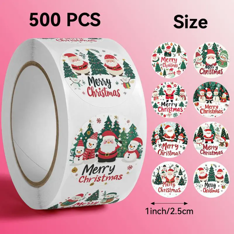 500 Stickers Per Roll, Round Winter Holiday Stickers, Santa Claus Merry Christmas Holidays Gift Packaging Seals, DIY Decorative Stickers