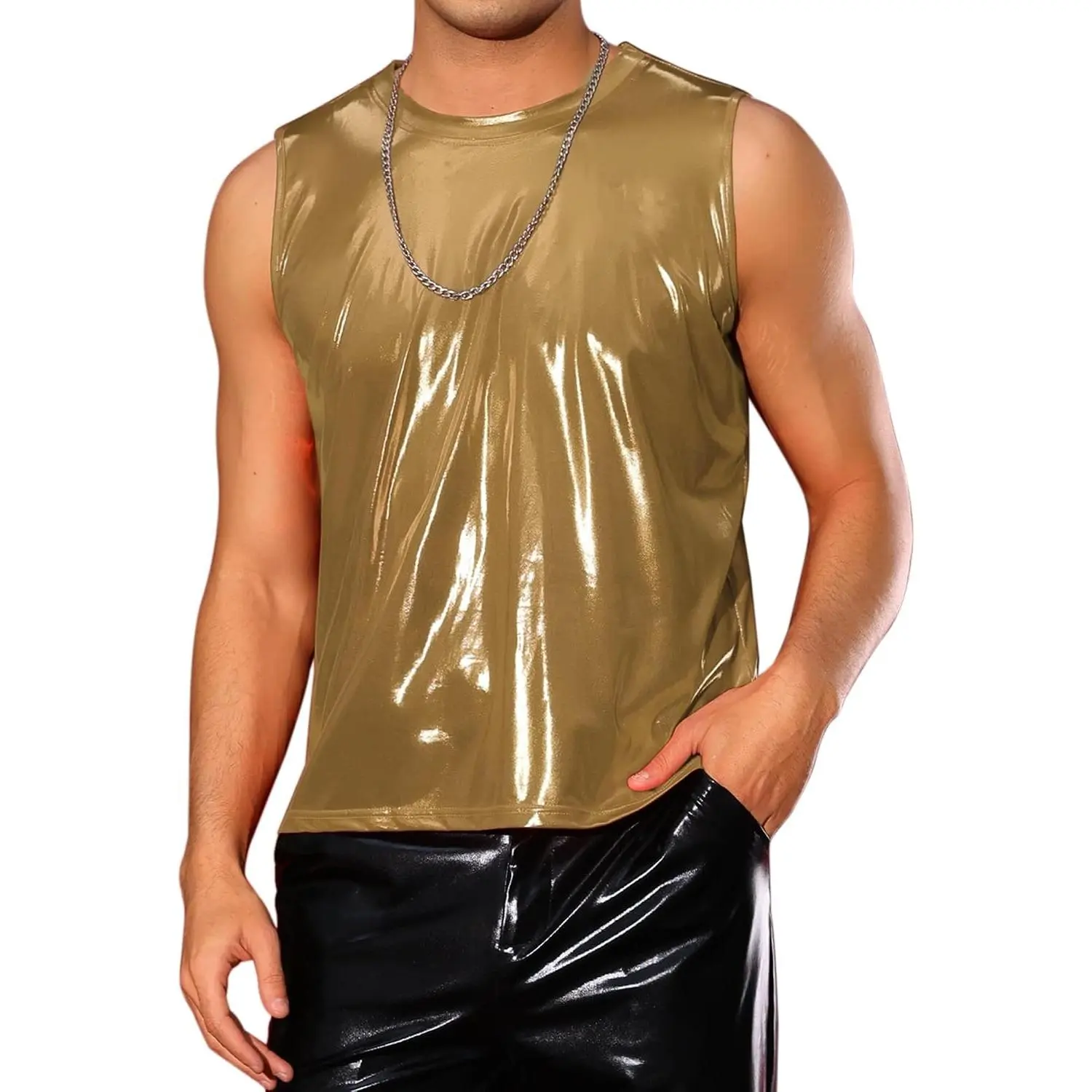 Metallic Tank Tops for Men's Holographic Sleeveless T-Shirt Disco Party Shiny Vest