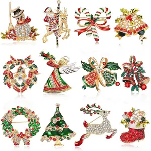 12Pcs Christmas Brooches Imitation Crystal Decorative Pins Elk Snowflake Wreath Fashion Jewelry Gifts for Women