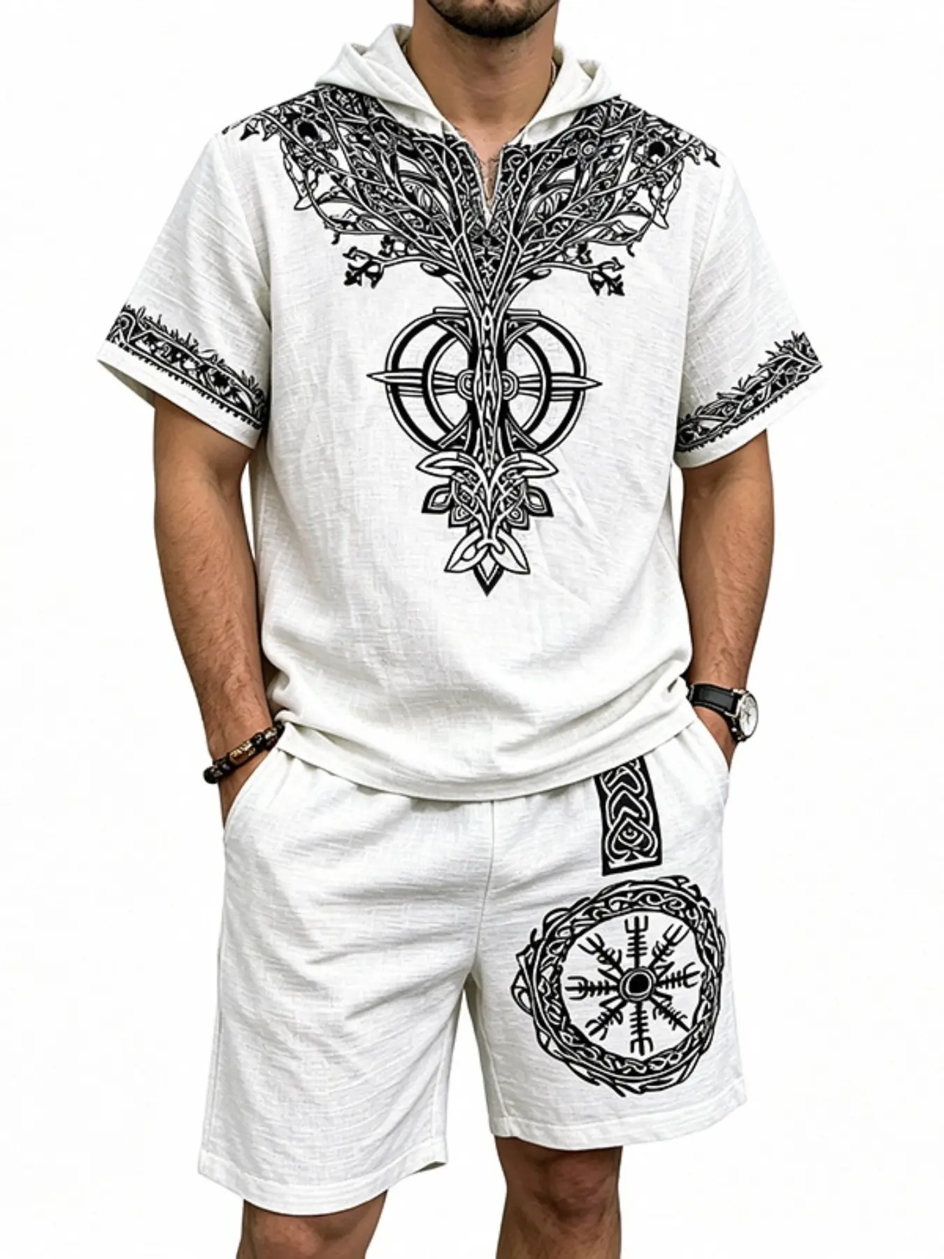 Men's Bamboo Fiber Viking Faith Life Tree Hooded Short Sleeve Set, Casual Geometric Print, Fitted Shirt, All Seasons