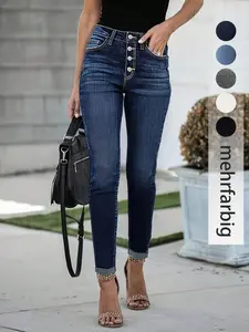 Women's Pocket High Waist Skinny Jeans, Fashion Casual Button Fly Denim Jeans for Daily Outdoor Wear, Ladies Bottoms for All Seasons