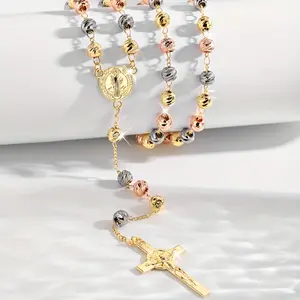 Elegant Tricolor St. Benedict Rosary Necklace, Vintage Gold-Plated Jesus Cross Pendant with 6mm Prayer Beads, Unisex Christian Gift