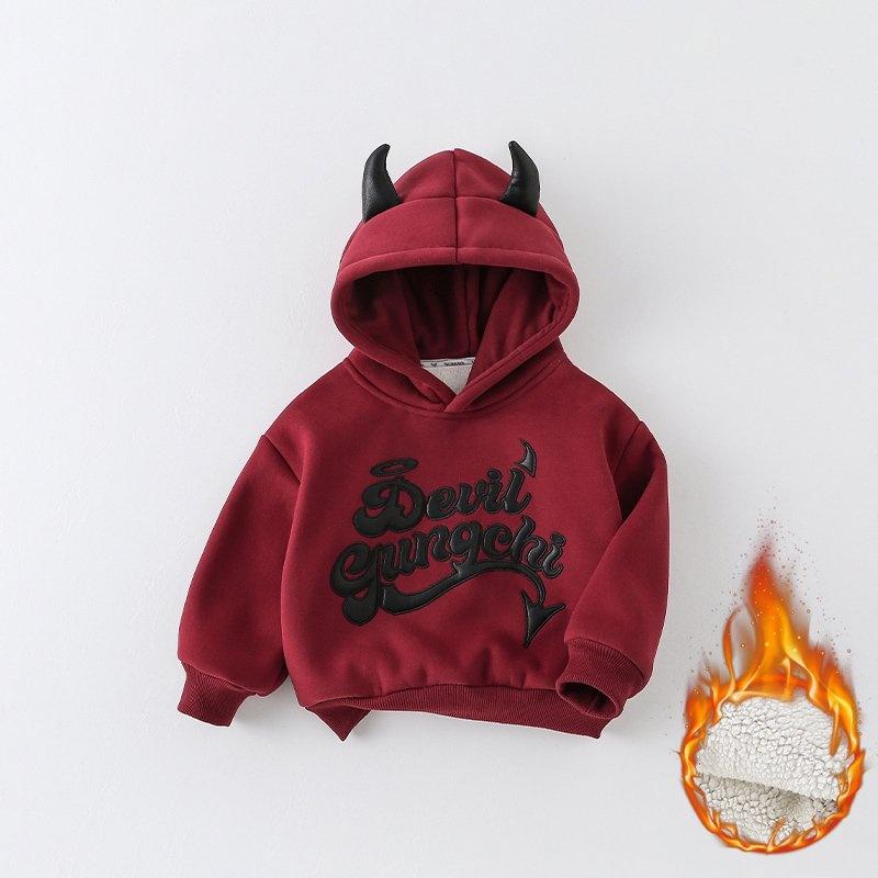 Boys Fleece Hoodie Red Devil Letter Pattern Winter Warmth Loose Casual Pullover Machine Washable Christmas Halloween 2025 New Stylish Design Durable Material Kids Hooded Sweatshirt