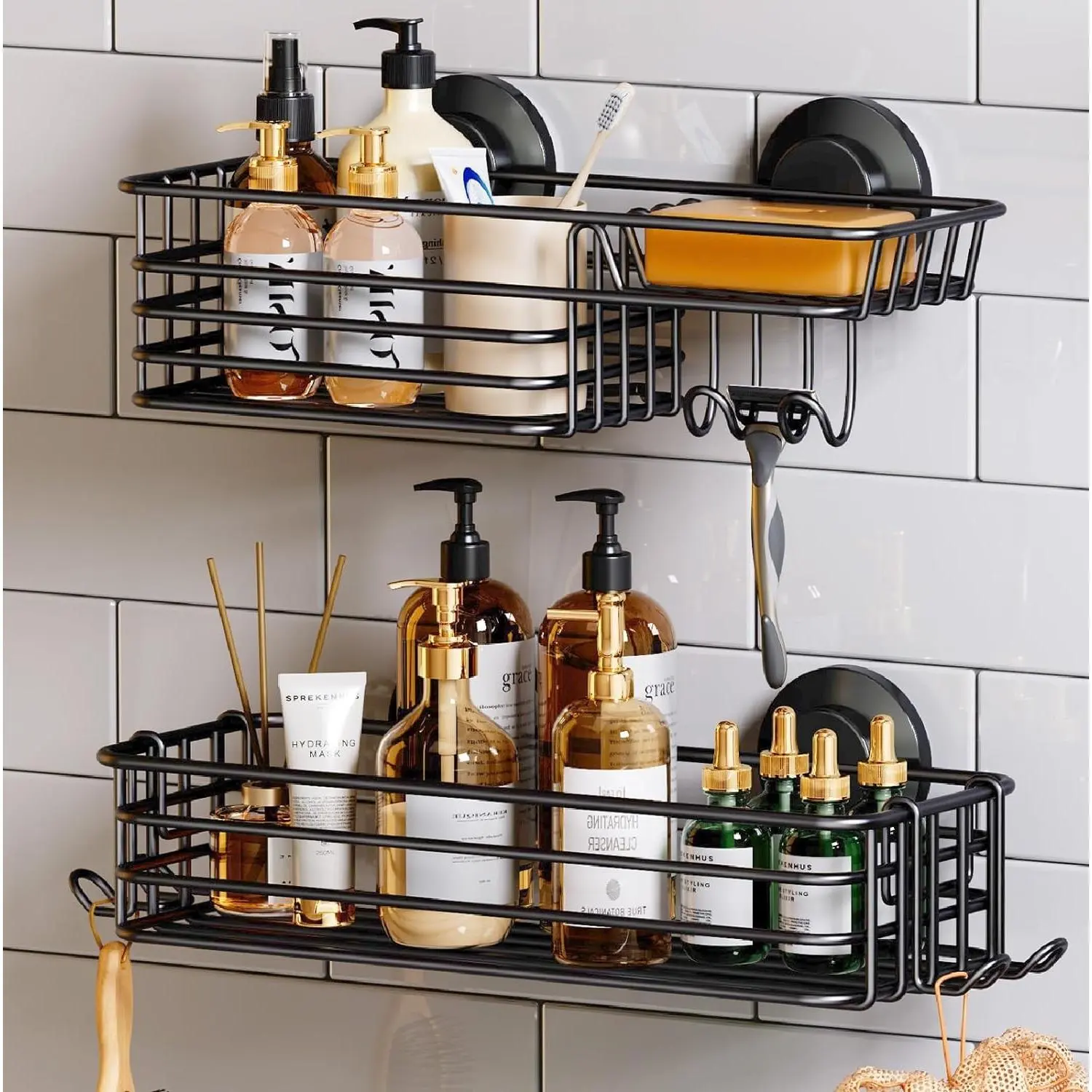 Shower Caddy Suction Cup 2 Pack with Hooks & Soap holder, Heavy Duty Shower Organizer for Bathroom, No Drilling Bathroom Organizer with Large Capacity, Black Metal Storage Basket