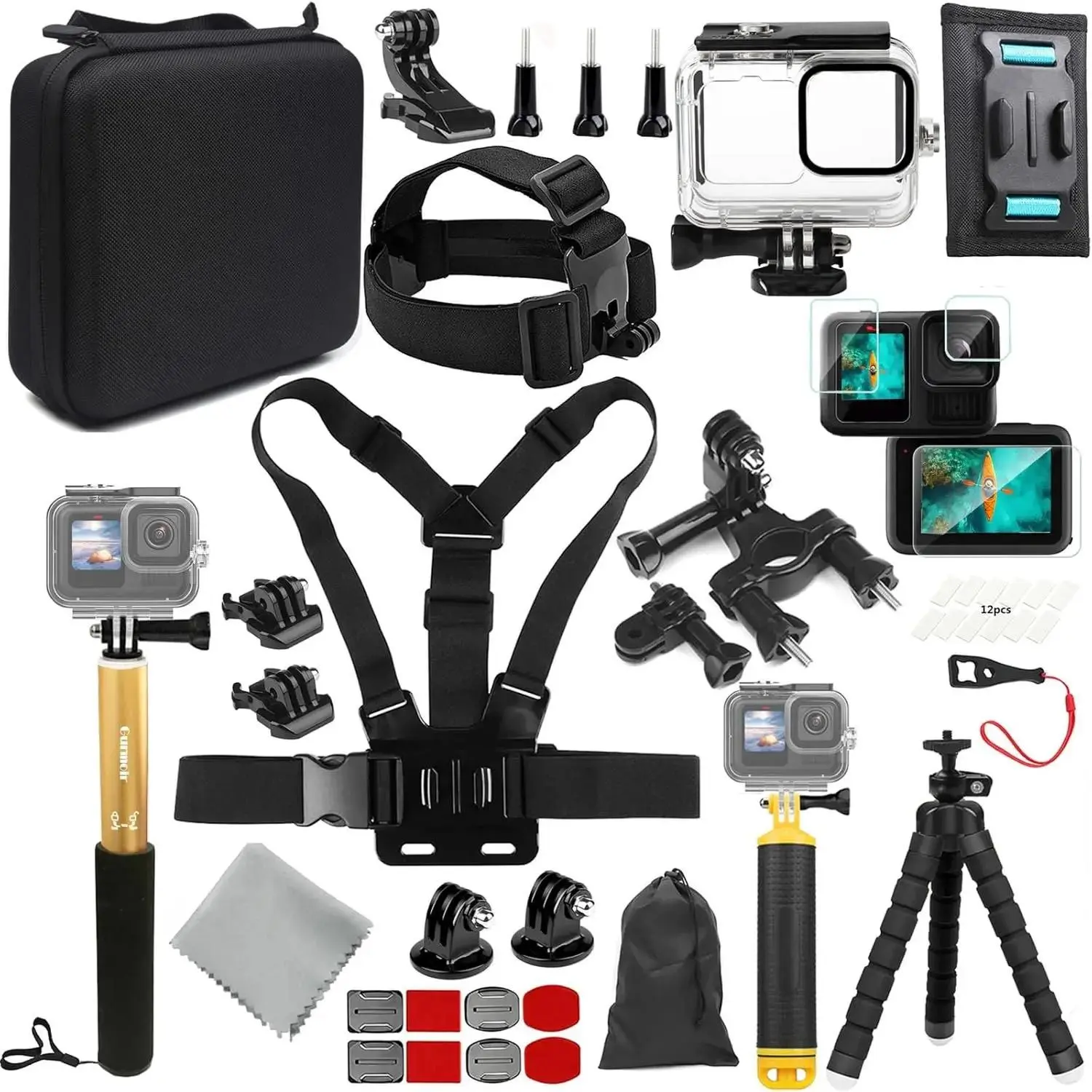 GoPro Hero 13/12/10/9 Black Accessory Kit (DT13) - EVA Foam Storage Case, Underwater Diving Housing, Floating Handheld Selfie Stick, Selfie Clip, Lock, Tempered Glass Screen Protector Bundle, Equestrian Home Organizer Storage Solution, Default, Floats, Mo