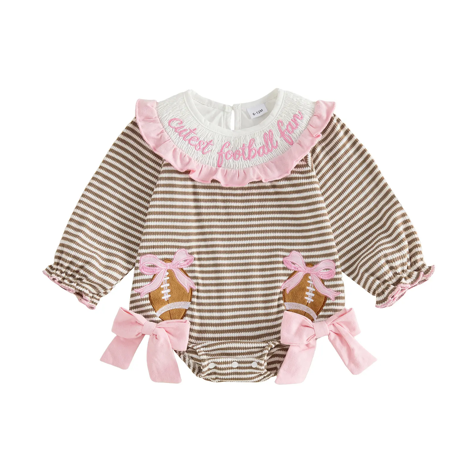 Infant Baby Girl Bubble Romper Long Sleeve Football Letters Embroidery Striped Print Waffle Fall Winter Jumpsuit 0-18 Months