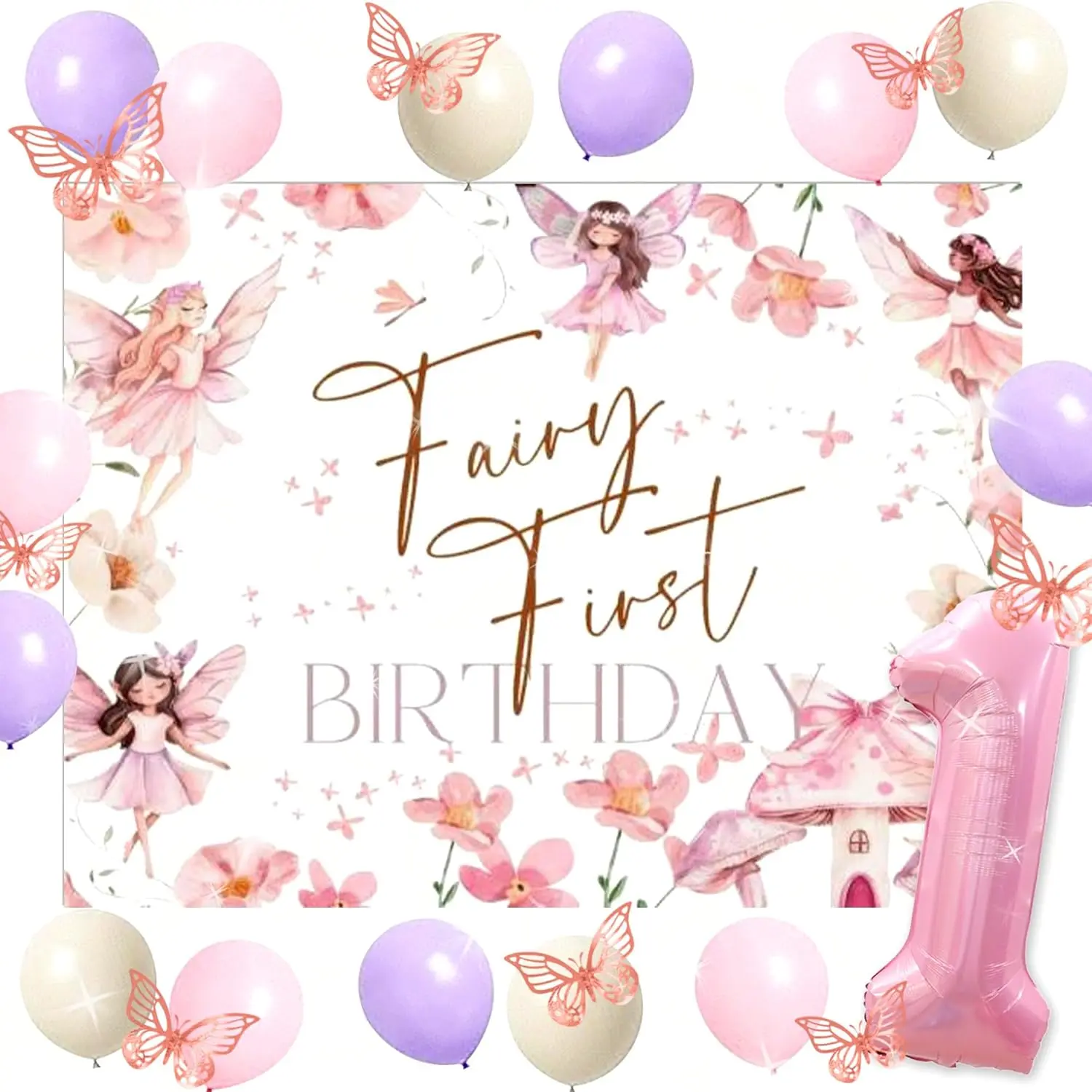 Garden Fairy First Birthday Decorations Fairy Butterfly Backdrop Balloons | Our Little Fairy is Turning One Birthday Decorations Girl Fairy First Birthday Backdrop Forest One Year Old Party Supplies
