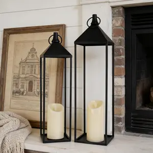 22" 19" Modern Farmhouse Candle Lantern Decor Set of 2 Large Black Metal Candle Lanterns with Flameless Candles, Lanterns Decorative Indoor for Fireplace Mantle Table Outdoor Lanterns for Patio Porch