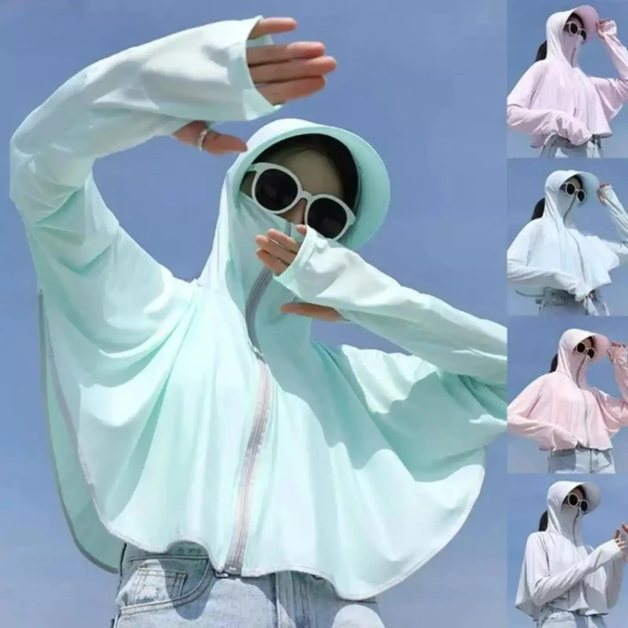 Unisex Cooling UV Blocking Outdoor Wear Jacket, Lightweight Breathable Long Sleeve Hooded Cover Up with Wide Brim Ponytail Hat for Cycling, Hiking, Summer Activities sohochic