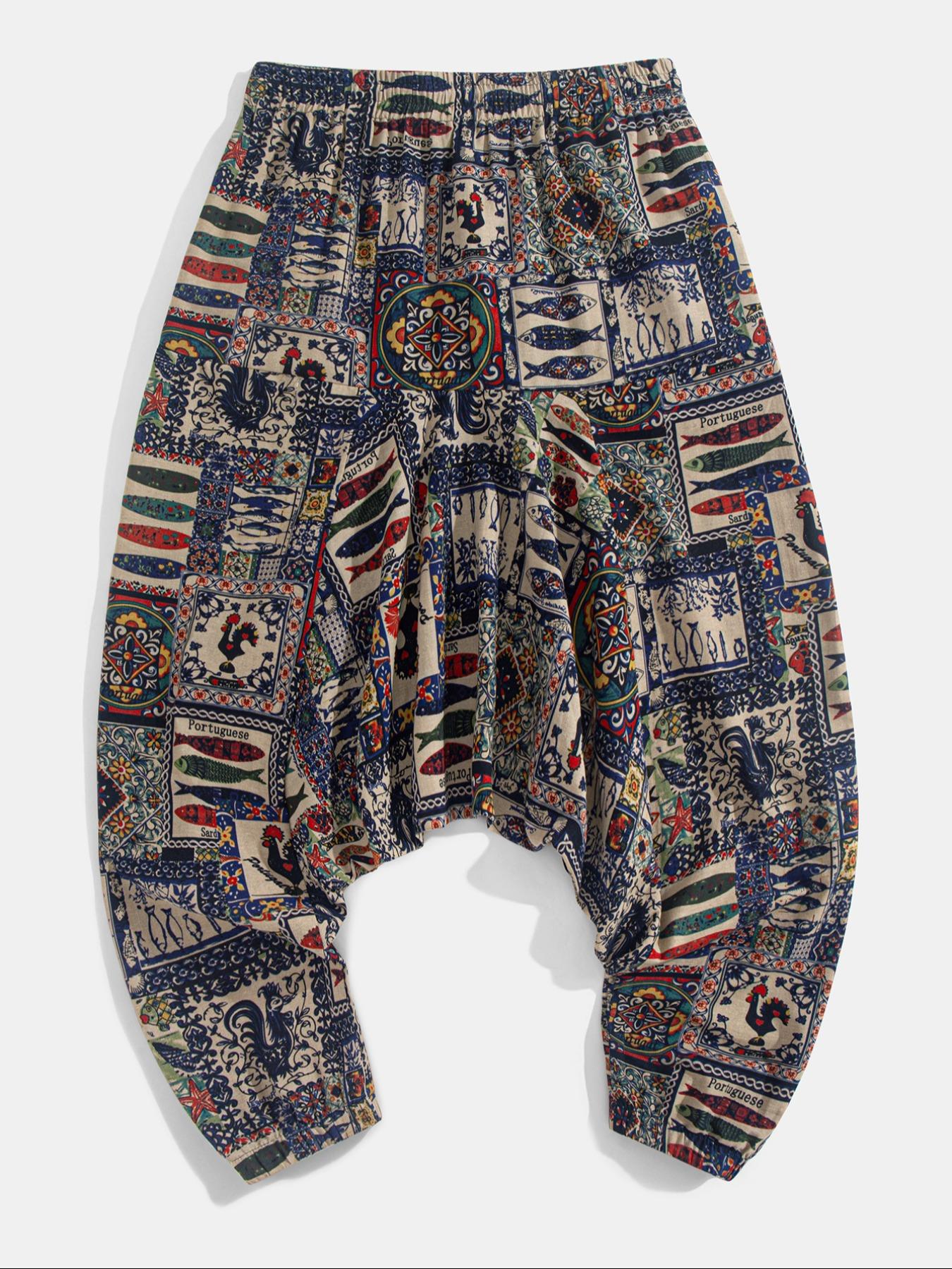 Men's Tribal Pattern Tie Waist Harem, Boho Casual Comfy Trousers for Daily Wear, Men's Bottoms for Summer, Bohemian Trousers