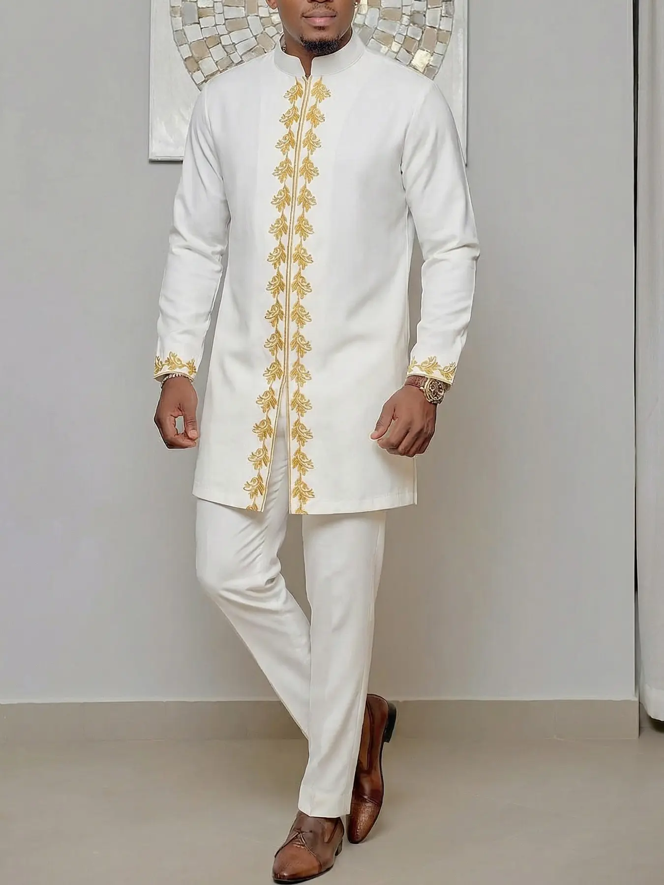 Muslim Men's Modest 2-Piece Set, African Boubou Long Sleeve Embroidered Ethnic Suit, Elegant Formal Wear for Weddings, Festivals, Gifts, Modesty, Outfits