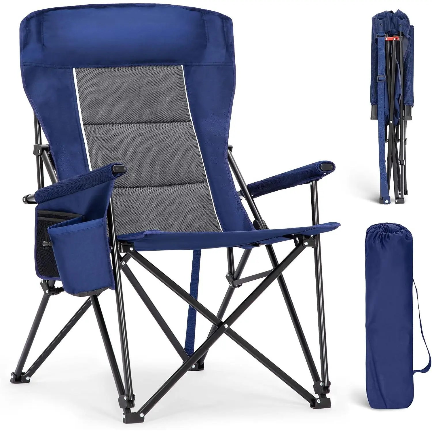 Oversized Folding Camping Chairs High Backrest Heavy Duty Lawn Chairs for Adults Support 500 LBS Portable Camp Chairs with Cup Holders Large Side Pocket for Outdoor