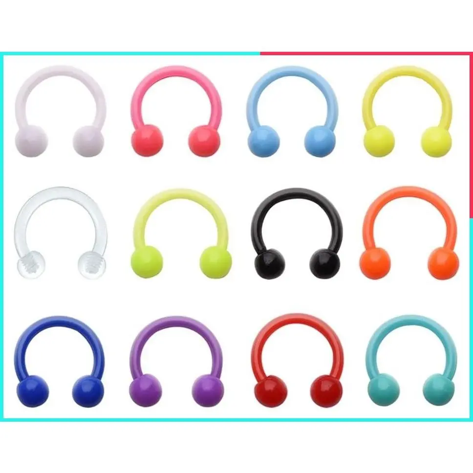 12Pcs 16G 8mm Horseshoe Clear Colorful Bioflex Nose Rings Hoop Lip Eyebrow Septum Cartilage Piercing Retainer