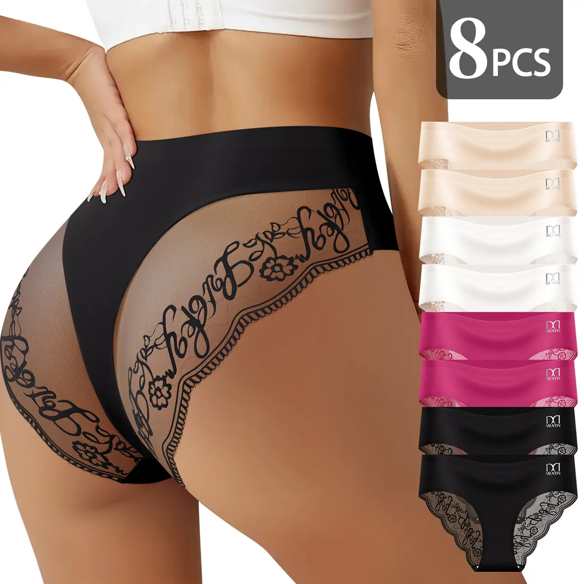 QUASTI Women's 8PCS Mid-Waisted Feminine Lace Panties, Seamless Skin-Friendly Lightweight No-Show Bikini Briefs, Breathable High-Stretch Soft Cool Underwear, Daily Wear, S-XXL