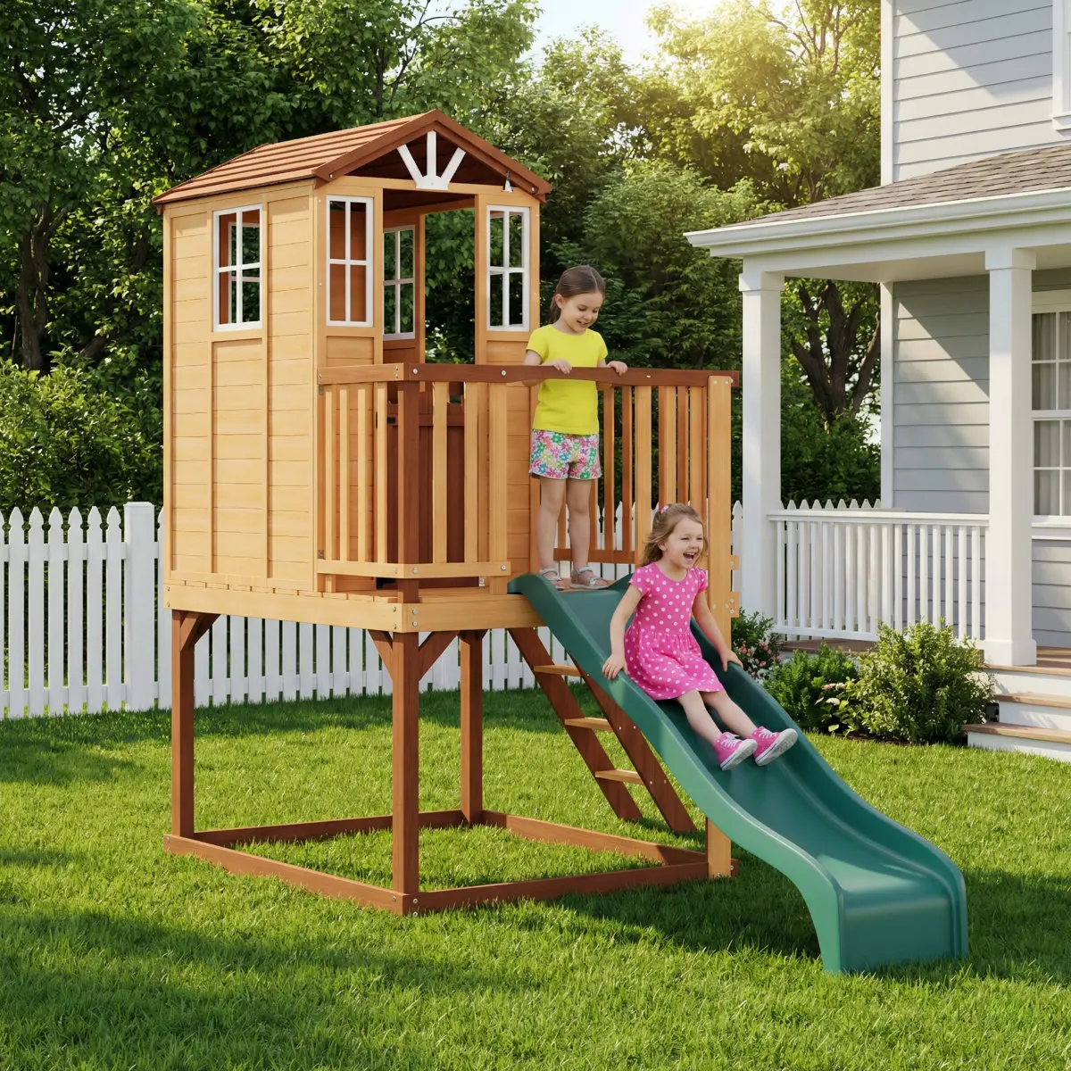 Wooden Outdoor Playhouse with Slide, Fir Wooden Elevated Kids Playhouse with Play Kitchen, and Deck