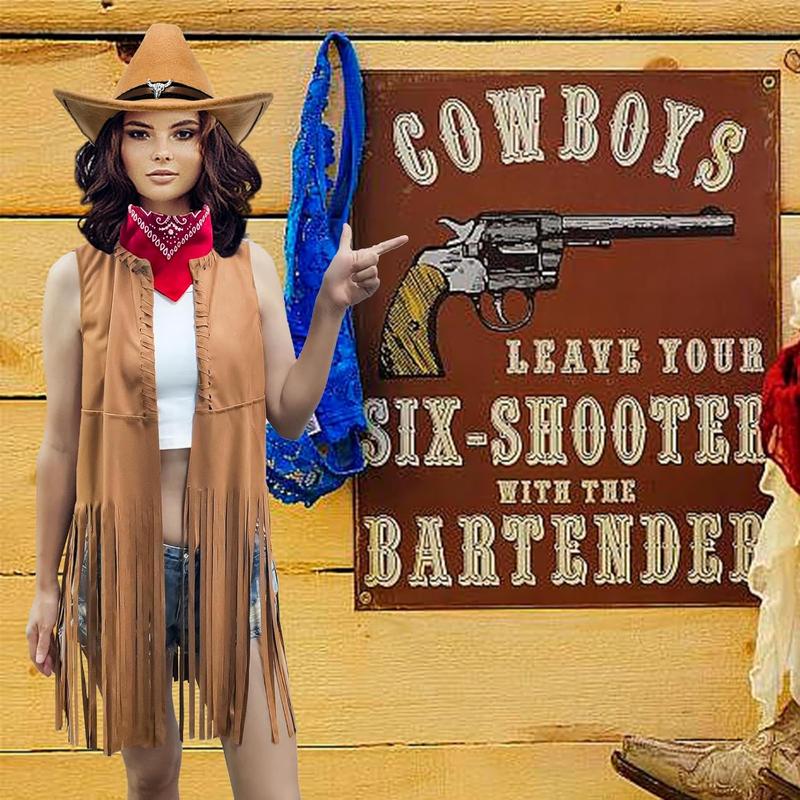 Western Cowgirl Outfits for Women Cowgirl Fringe Vest Cowboy Hat Necklace Bandana,70s Hippie Costume for Halloween
