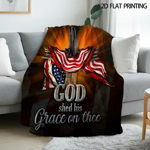 1pc God Shed His Grace On Thee Flannel Blanket | Soft Polyester, American Flag Cross Patriotic Design, Digital Print, All-Season Use, Ideal For Home, Travel, Outdoors, Birthday Gift, Machine Washable-280GSM