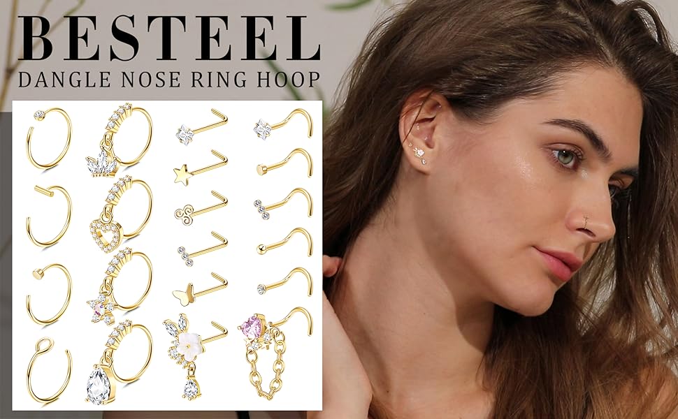 Besteel 20 PCS 20G Dangle Nose Rings for Women Butterfly Heart Moon Flower Cross CZ Dangle Nose Ring Hoops Cartilage Earring Dangling Nose Piercing Jewelry Charms