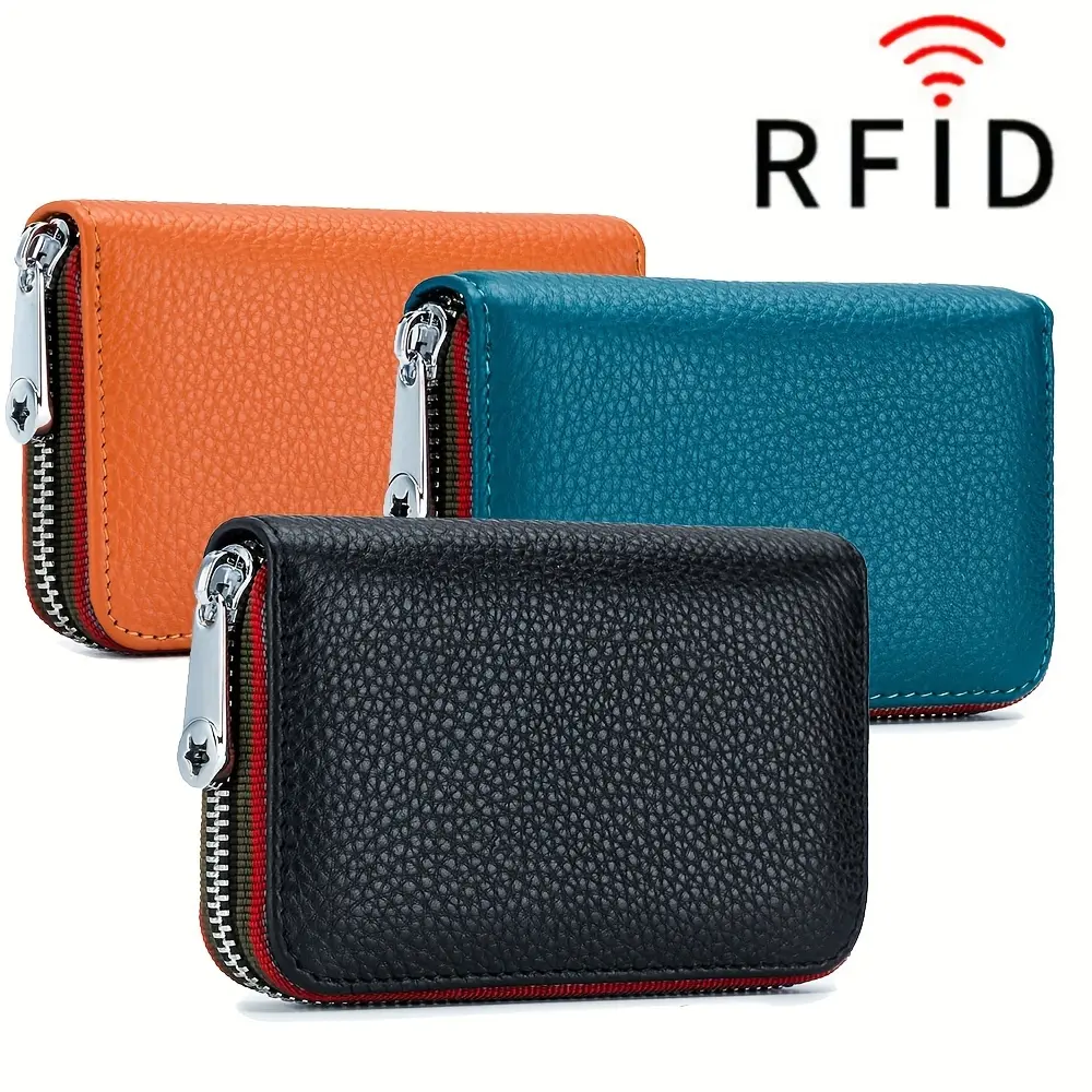 RFID Blocking Card Holder Genuine Leather Multi Slot Accordion Card Wallet Color Stripe Zipper Mini Purse Portable Pocket Compact Credit Card Organizer for Men Women