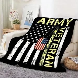 1pc Army Flag Dog Tag Camo Flannel Blanket, Soft Warm All-Season Blanket, Independence Day Present, Commemorative Blanket for The 250Th Anniversary of The Founding of The United States, Decorative Gift, Machine Washable
