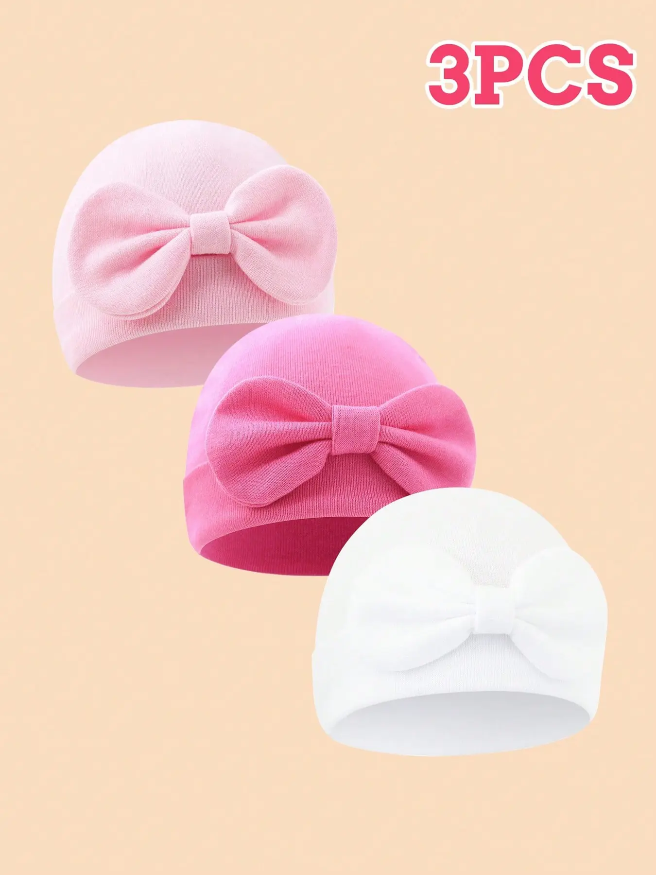 3Pcs Newborn Stereo Bow Stretch Rib Knit Beanie, Soft Skin-Friendly Fontanelle Hat For Baby Girls, Multi 3-Tone Sets For Daily Wear & Milestone Photos, Ideal Baby Shower Gift
