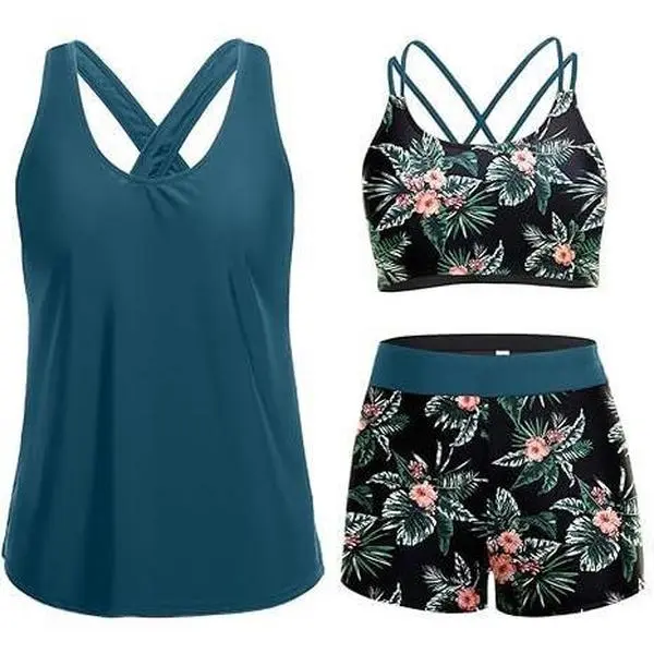 Women's 3-Piece Quick-Dry Tankini Bikini Swimsuit with Tummy Control, Includes Bra Top & Shorts, Suitable for Teens