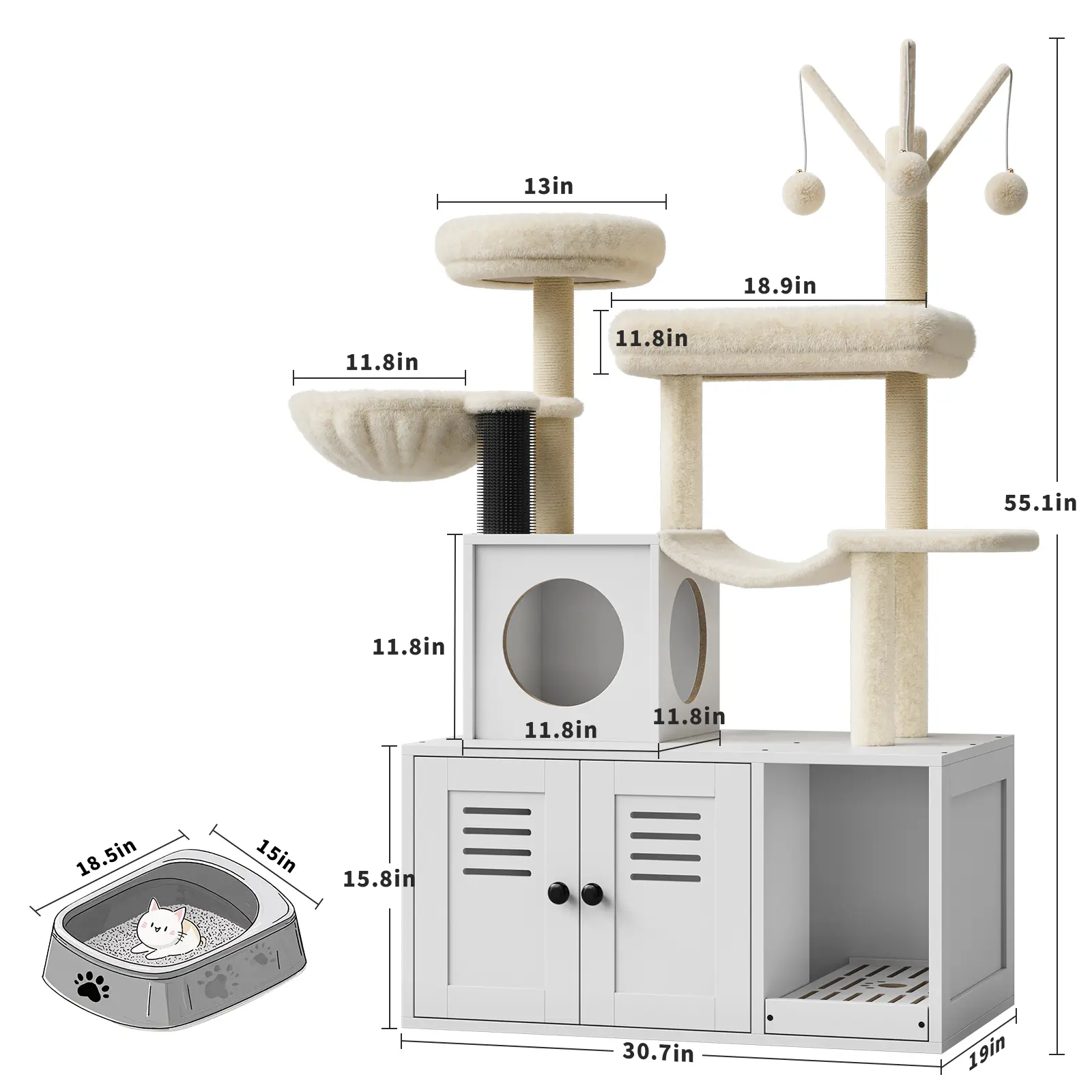Multi-Level Cat Tree Tower & Hidden Litter Box Enclosure - Modern Wooden Cat Condo with Sisal Scratching Post, Soft Perch - Catnip Toy Playhouse for Indoor Cats - Ideal Cat Washroom Cabinet, White/Brown