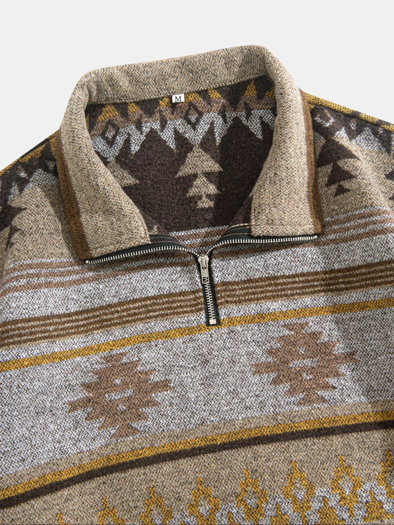 Men's Ethnic Pattern Half-Zip Mock Neck Jacket, Loose Casual Long Sleeve Zip Front Outerwear for Winter, Men's Winter Clothes for Daily Wear, Zippered Jacket