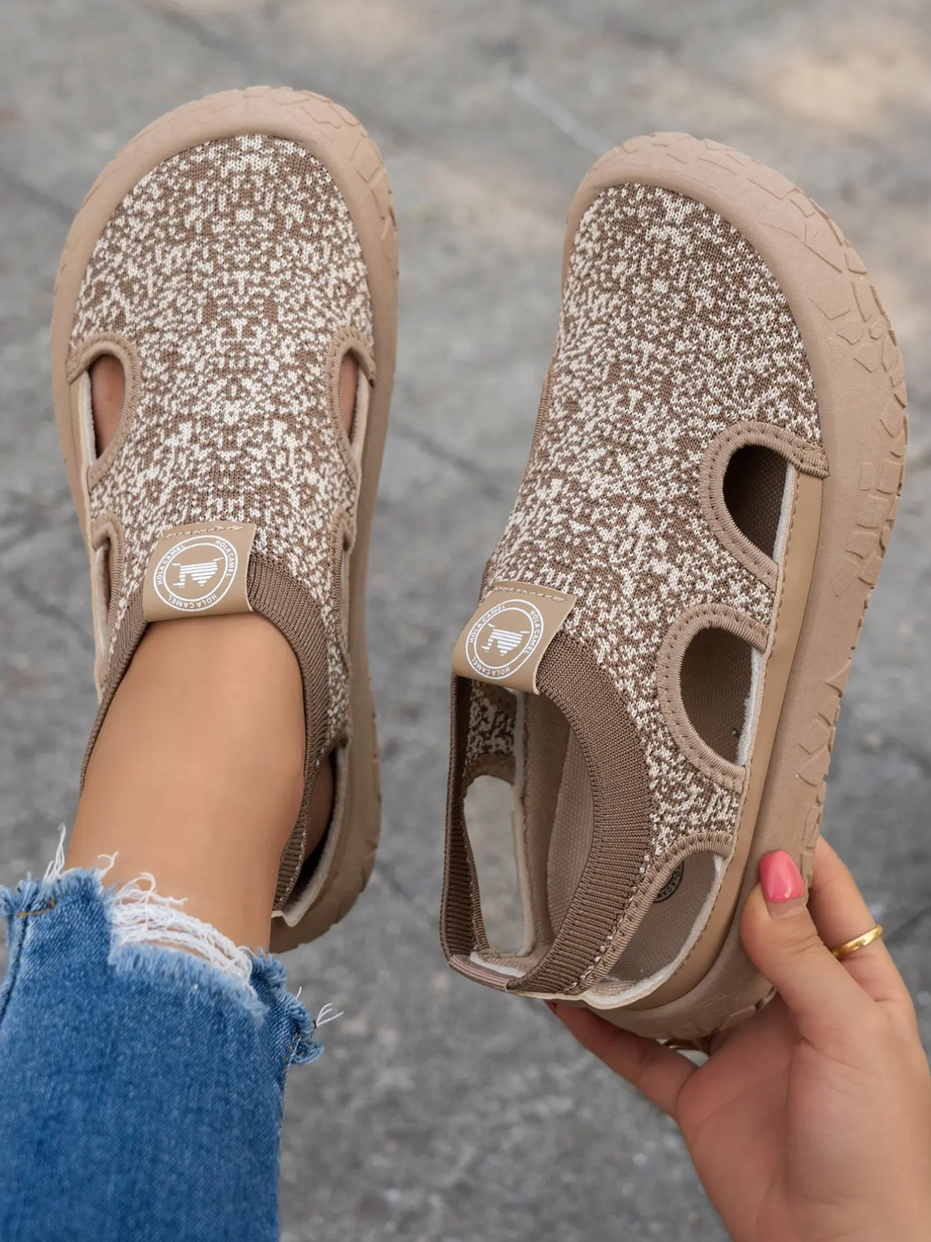 Summer Knit Mesh Hollow Out Hiking Shoes, Elastic Sock Neck Thick Sole Shock Absorption Women's Shoes, Anti-Slip Casual Sandals