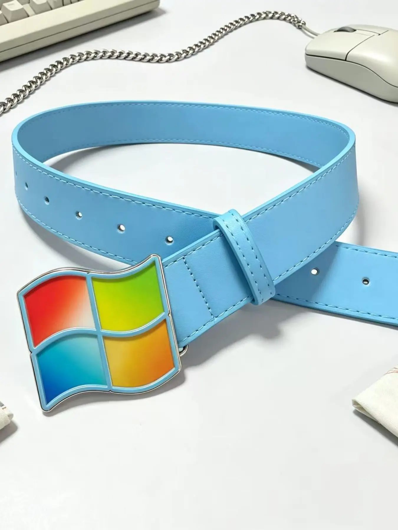 Gradient Four-Color Block Windows Logo Belt, Subculture Influencer Style, Abstract Funny Design, Trendy Fashion Accessory