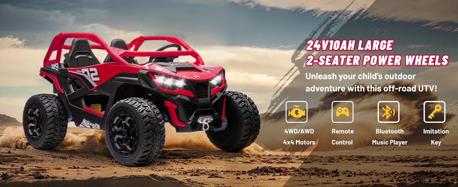 24V Ride on Toys for Big Kids 10AH Real Spacious 2-Seater, 4 x75W Motor 5MPH Ride on Car Kid UTV for Kids 3-8, EVA Tire, Remote Control, Bluetooth Music, 4 Spring Suspension (Red)