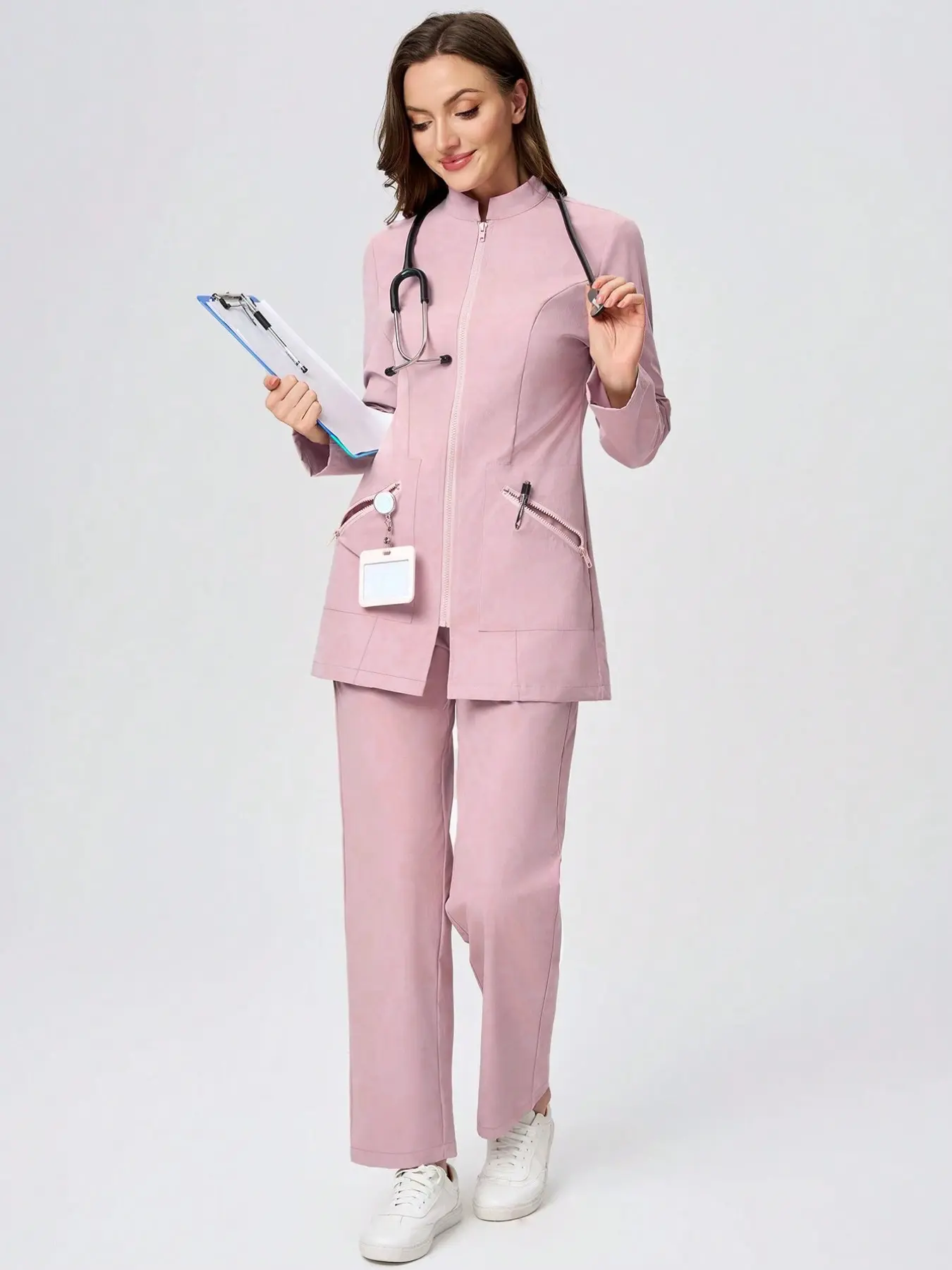Women's Solid Color Multi-Pocket Long Sleeve Set, Fashion Commuter Long Sleeve Pants Workwear, Casual Jogging Two-Piece