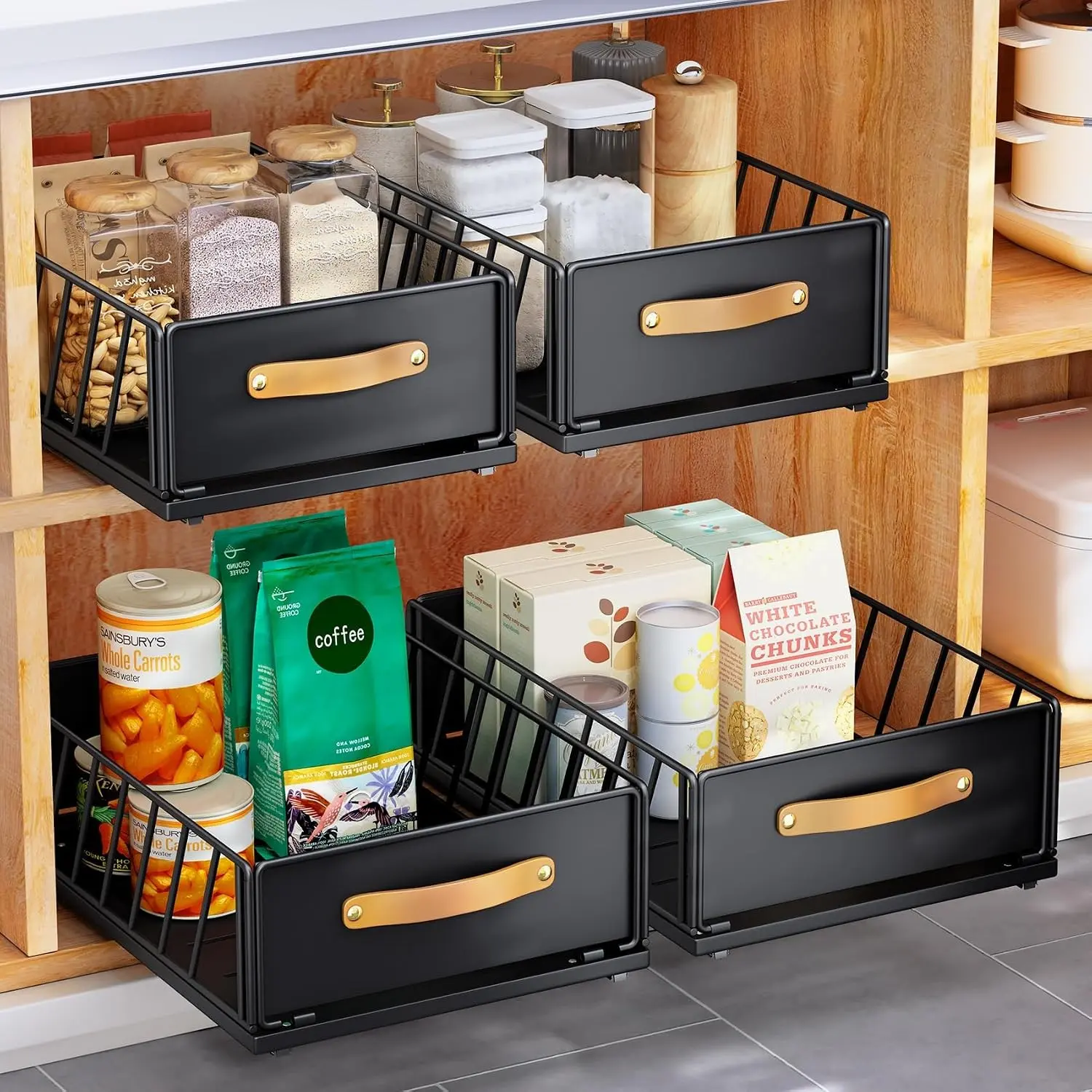 Pull out Cabinet Organizer,Heavy Duty Slide out Pantry Shelves Drawer Storage with Adhesive Nano Film,Sliding Mesh Cabinet Basket with Handle for Kitchen, Bathroom, Home, 11.8"W X 15.7"D X6.2"H,Black