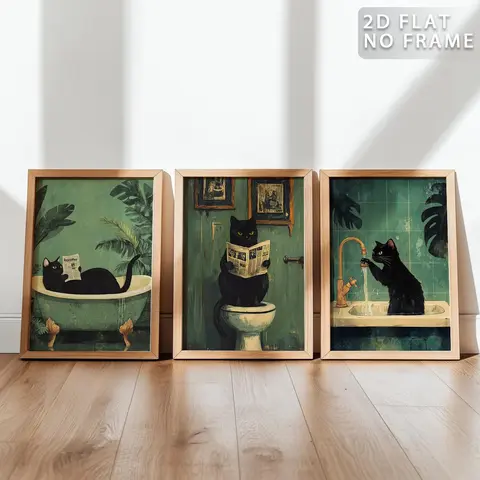 Cat & Bathroom Pattern Canvas Painting, 3 Counts/set Modern Artistic Wall Art Painting, Wall Art Decor for Home Living Room Bedroom Office, Ornaments, Print, Decoration, Gifts, Decorative Artwork, Modern Art Design