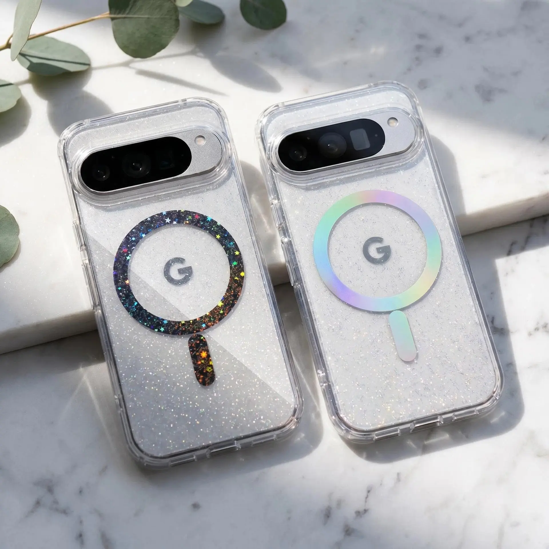 Compatible with Pixel 10 Pro XL/10 Pro/8/9 | Clear Iridescent Glitter Magnetic Full Wrap Shockproof Phone Case HNZ0283